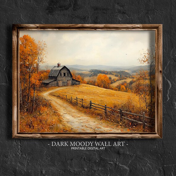 Old Gray Barn Dirt Road Golden Autumn Fields Fall Landscape Poster