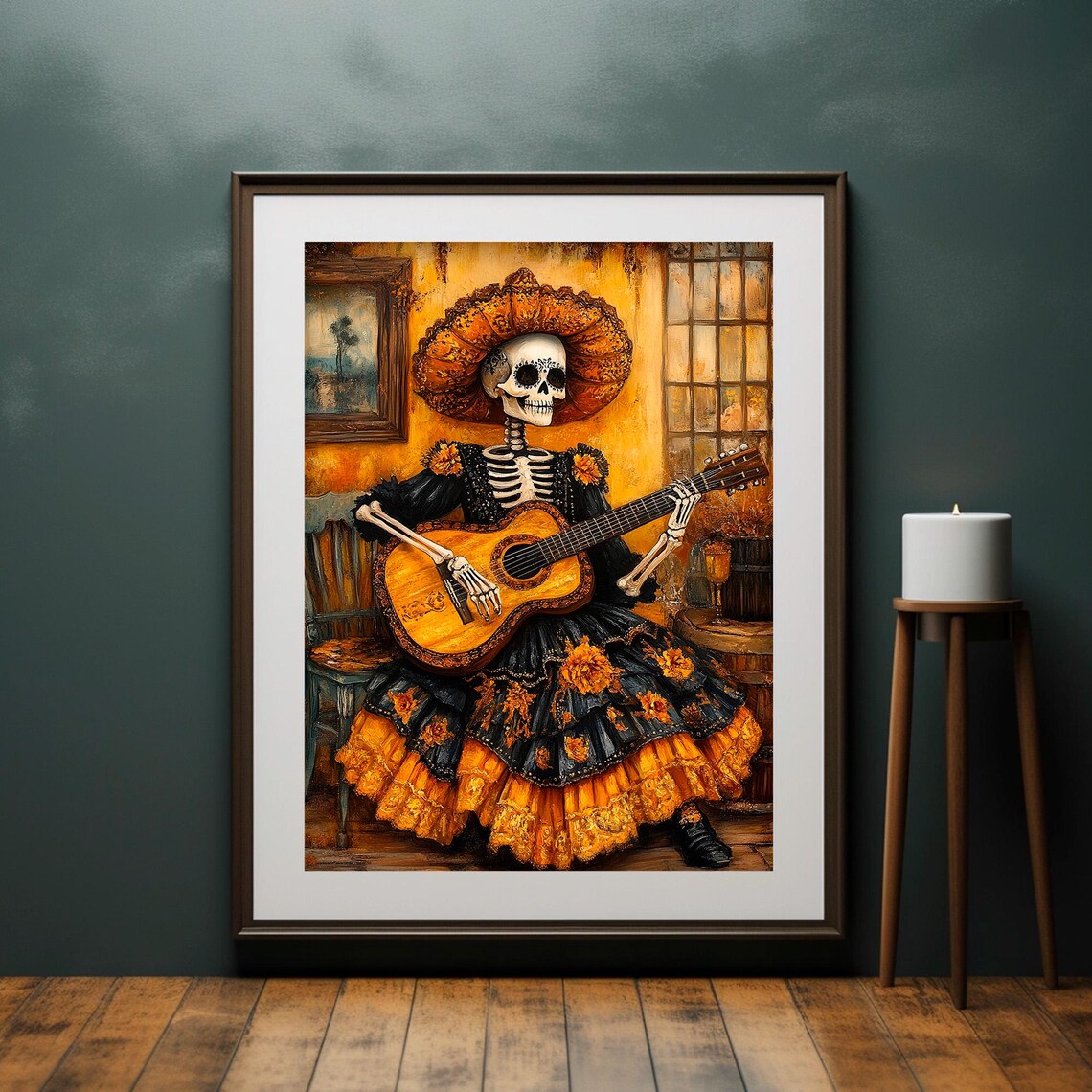 Day of the Dead Catrina Sombrero Guitar Vintage Painting Poster - Image 2