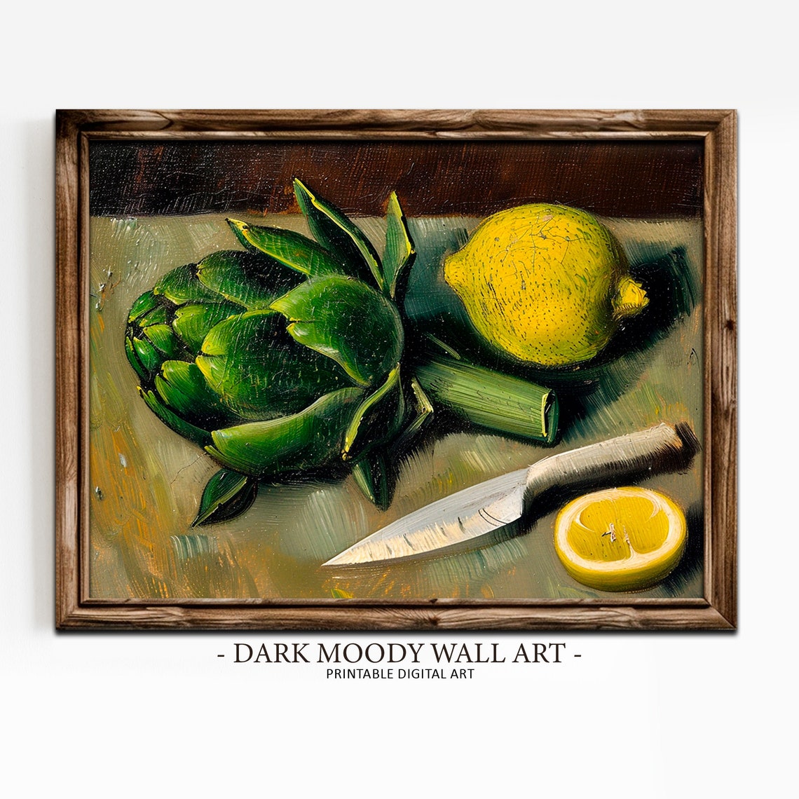 Artichoke Lemon Print Moody Kitchen Wall Decor Dark Still Life Painting Rustic Farmhouse Vegetable Wall Art