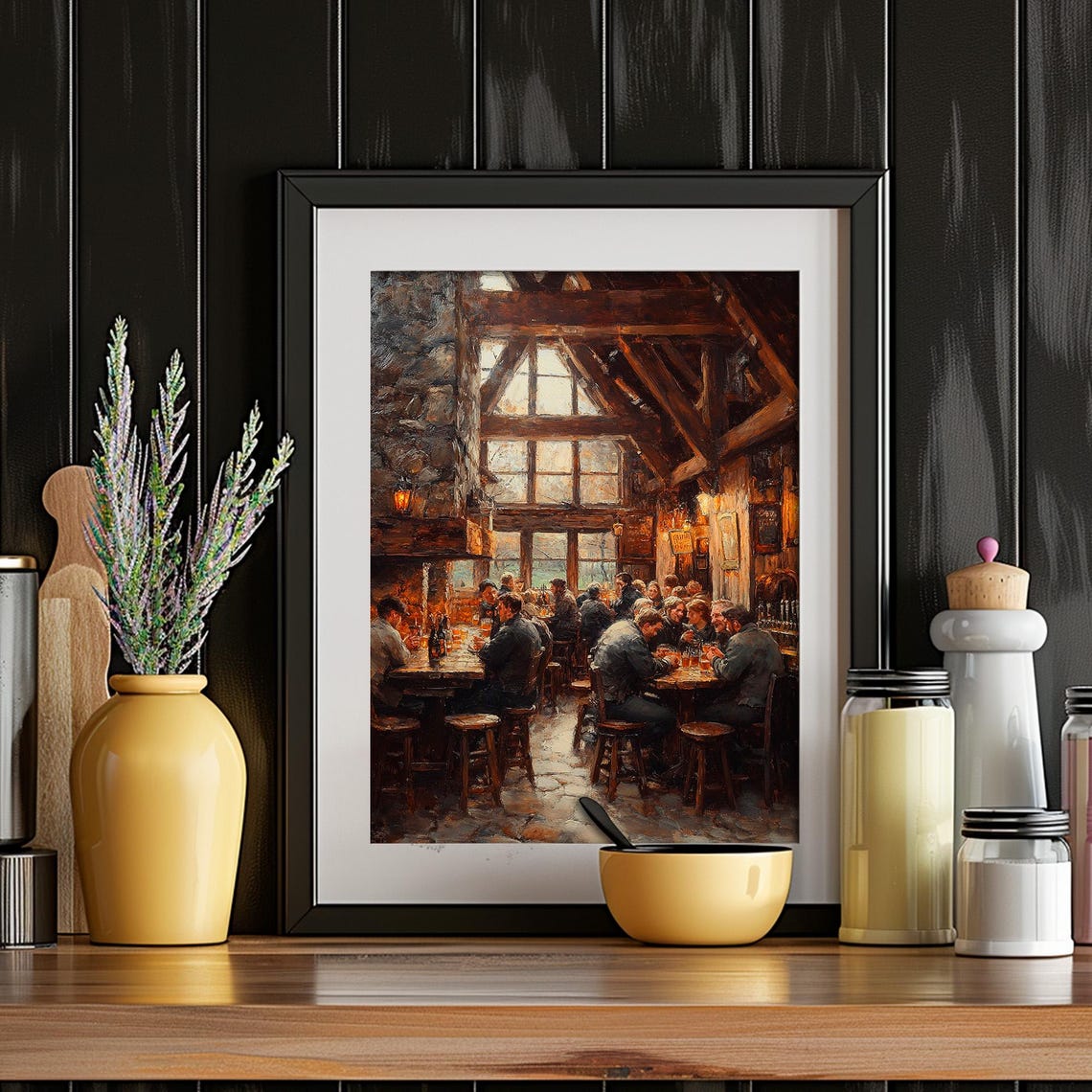 Rustic Tavern Interior With Patrons by Stone Fireplace Wall Art - Image 4