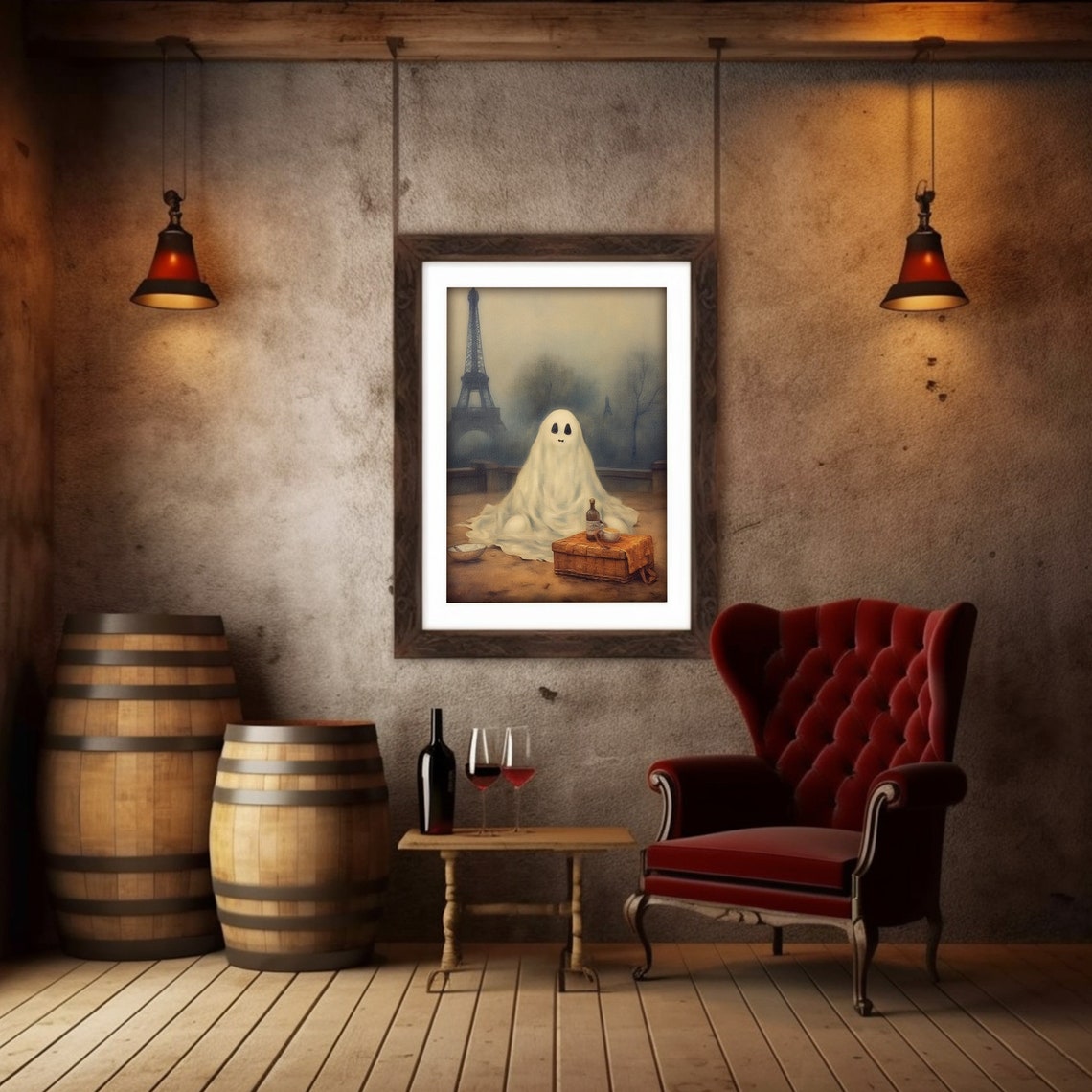 Cute Ghost Print Moody Haunted Halloween Art Gothic Ghost In Paris Painting Decor - Image 6