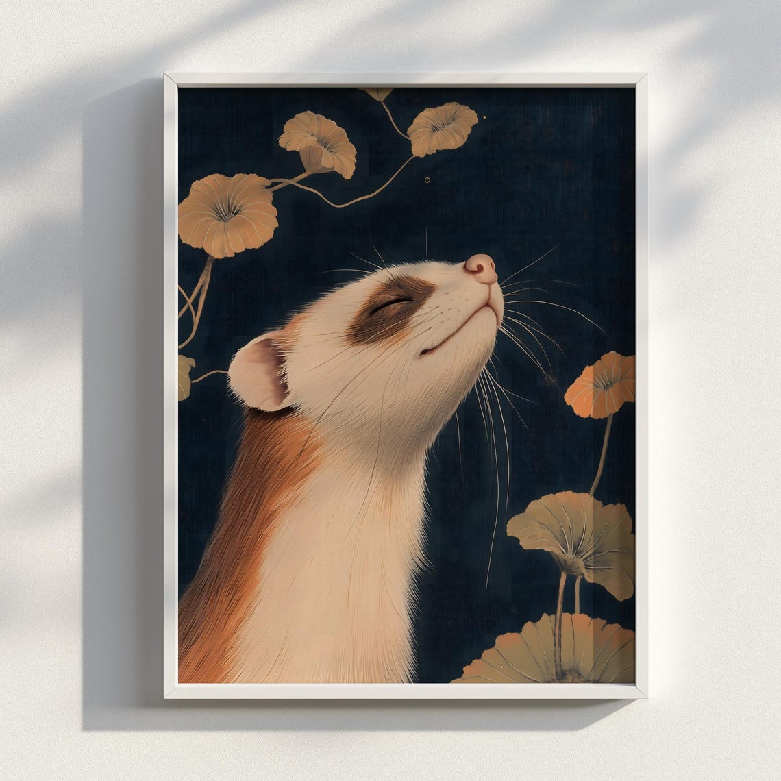 Serene Ferret Gazing Up Midnight Lotus Japanese Ink Art Poster
