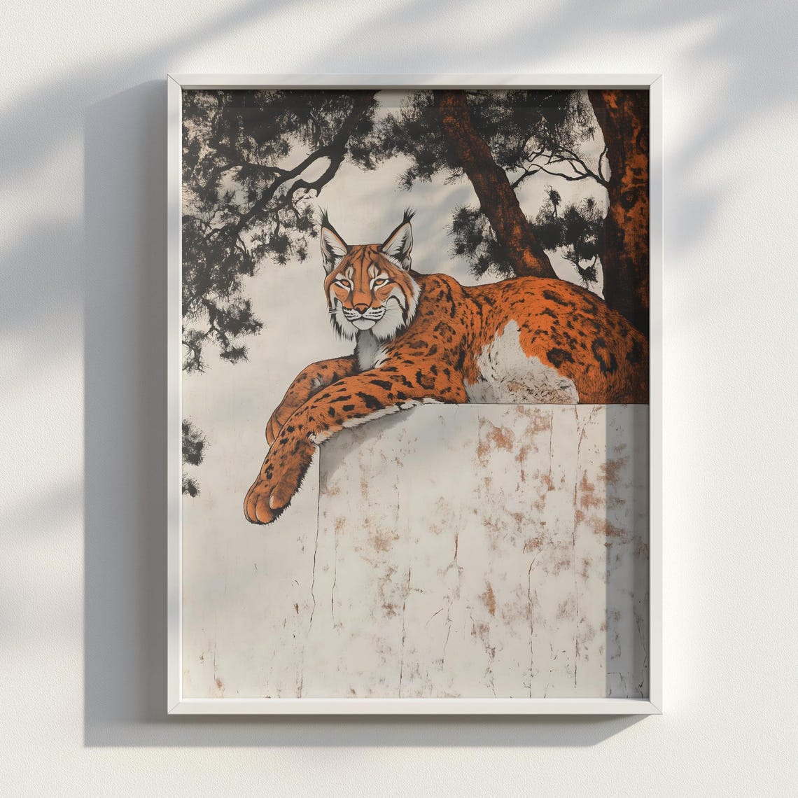 Lynx Lithograph Ear Tufts Resting Pine Branch Wildlife Art Poster