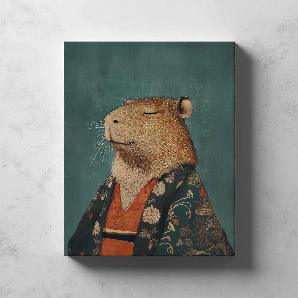 Capybara in Kimono Japanese Floral Teal Portrait Funny Art Poster - Image 2