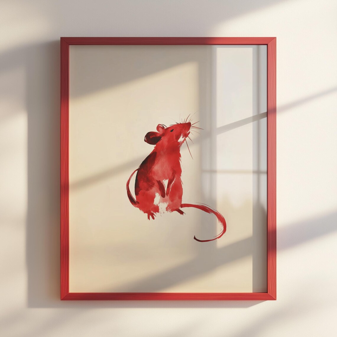 Red Ink Sumie Rat Painting Minimalist Japanese Zodiac Animal Poster
