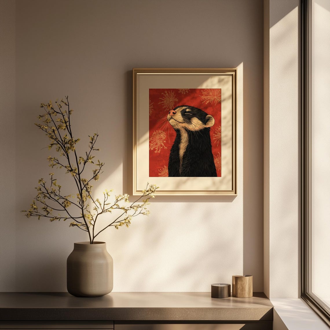 Serene Black Ferret Floral Red Background Ukiyoe Style Art Poster - Image 3