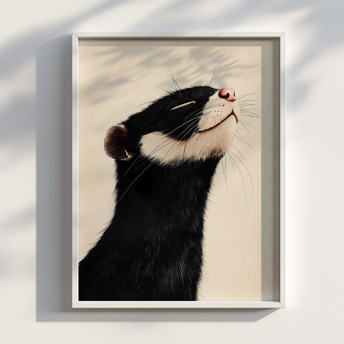 Black Ferret Smiling Close Up Minimal Japanese Ink Art Poster