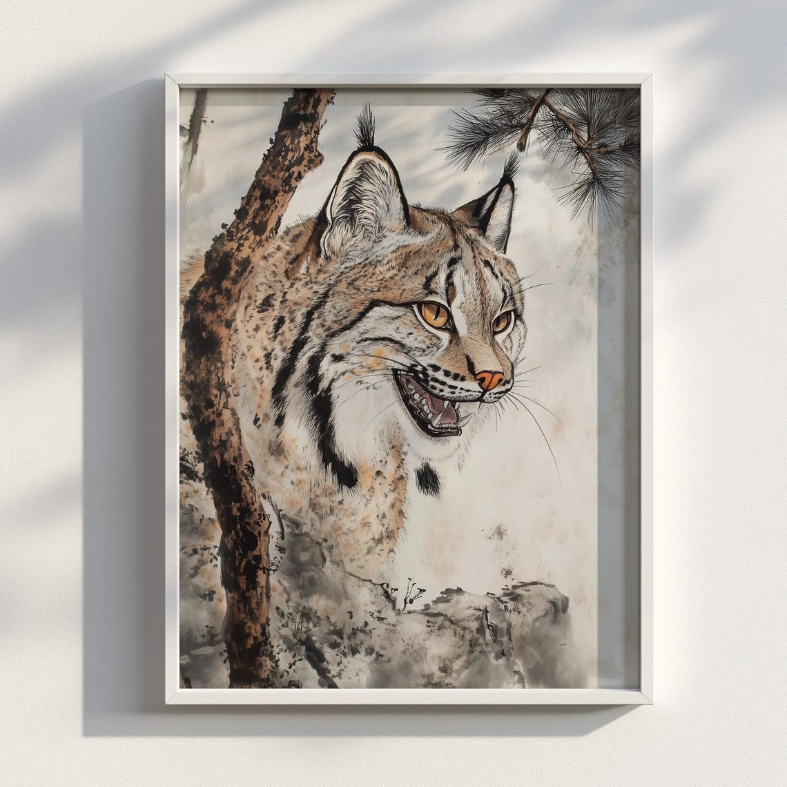 Wild Lynx Japanese Ink Brushwork Wildlife Portrait Art Poster