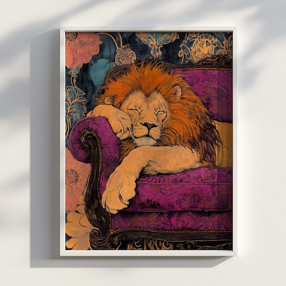 Sleeping Lion on Purple Velvet Sofa Japanese Ink Bold Poster Art