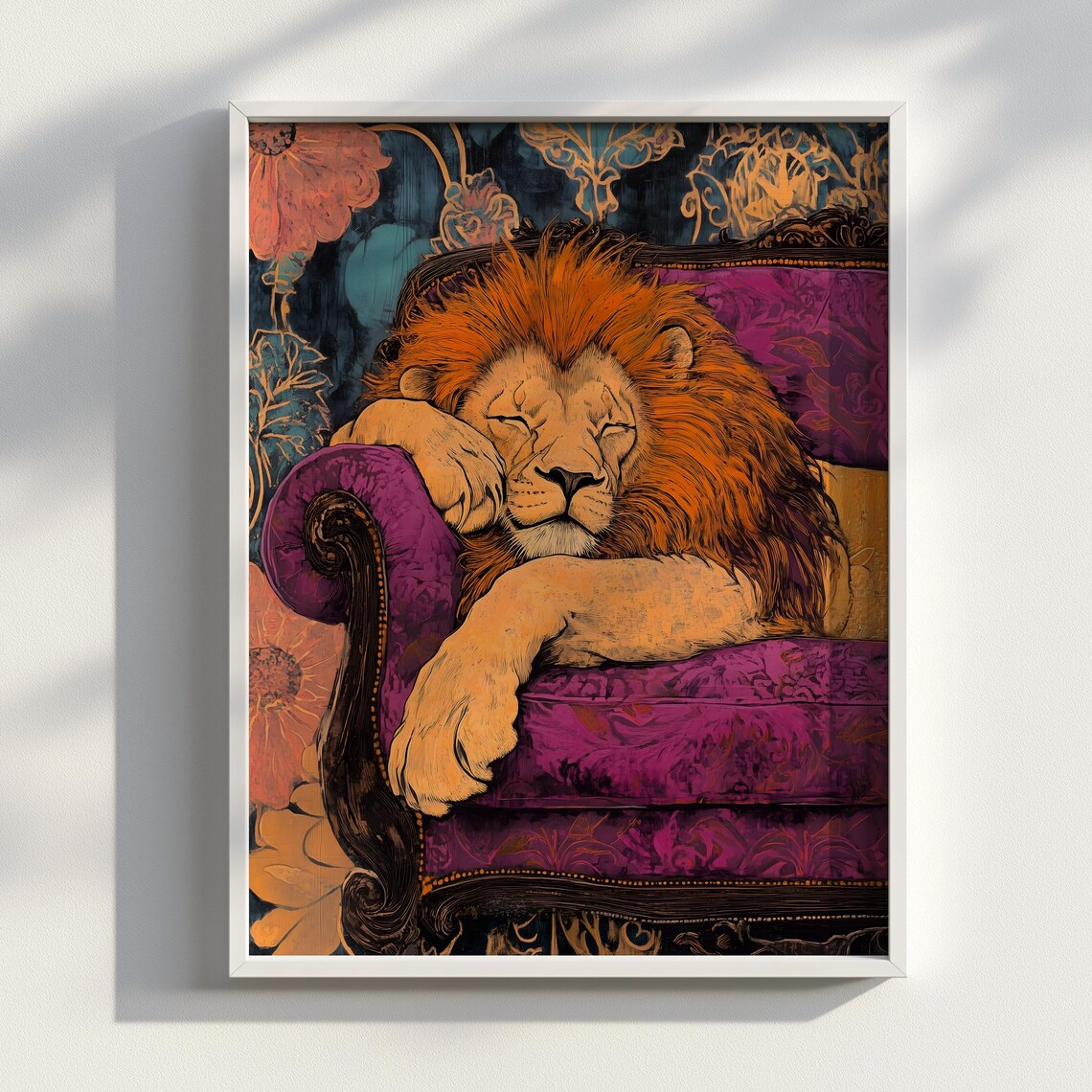 Sleeping Lion on Purple Velvet Sofa Japanese Ink Bold Poster Art