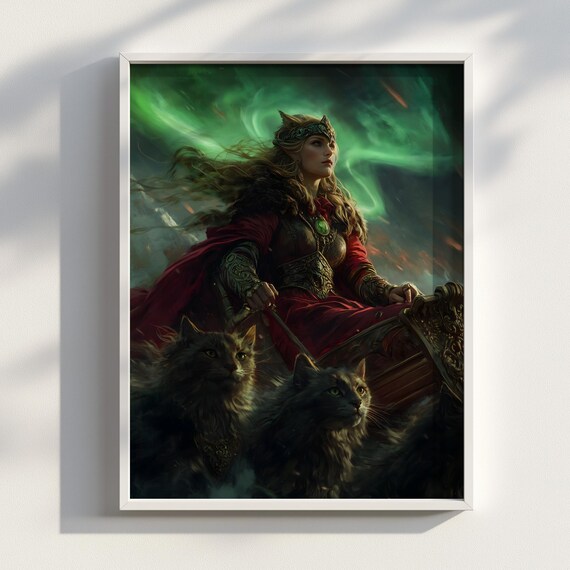 Freyja Norse Goddess Cat Chariot Aurora Night Fantasy Art Poster