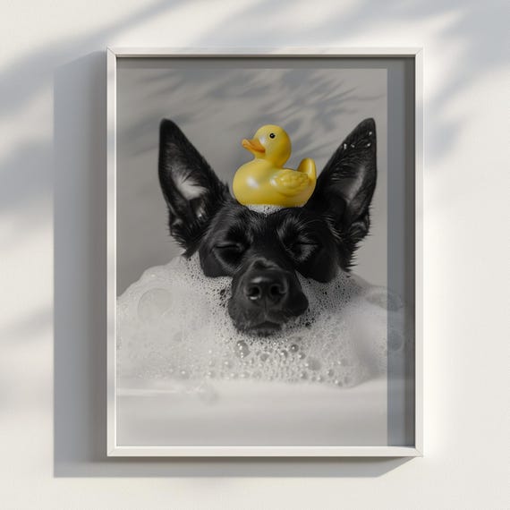Bathing Belgian Malinois Doggo Poster Funny Dog Bathroom Print Cute Pet Wall Art