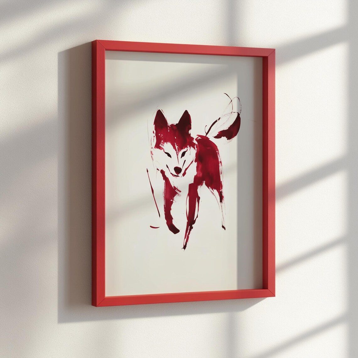 Red Ink Sumie Dog Painting Playful Minimalist Japanese Animal Poster - Image 2