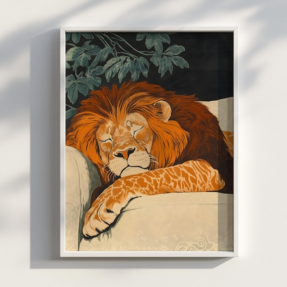 Sleeping Lion on White Sofa Japanese Ink Ukiyoe Style Art Poster