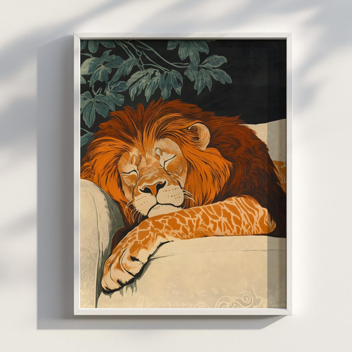 Sleeping Lion on White Sofa Japanese Ink Ukiyoe Style Art Poster