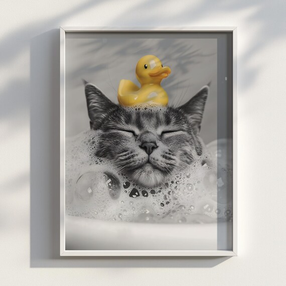 Tabby Cat Bubble Bath With Rubber Duck Black And White Funny Poster
