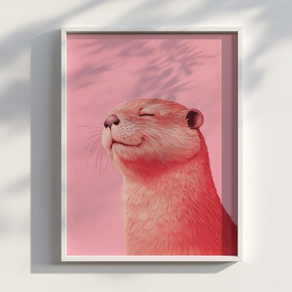 Serene Blush Pink Otter Portrait Minimal Pastel Animal Art Poster