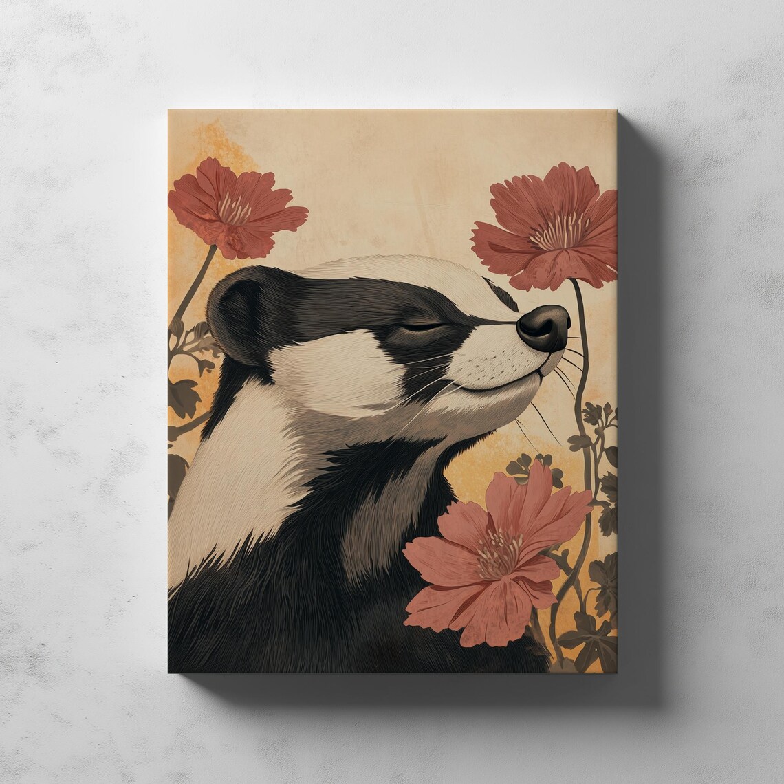 Serene Badger Portrait Red Flowers Ochre Wild Animal Art Poster - Image 2