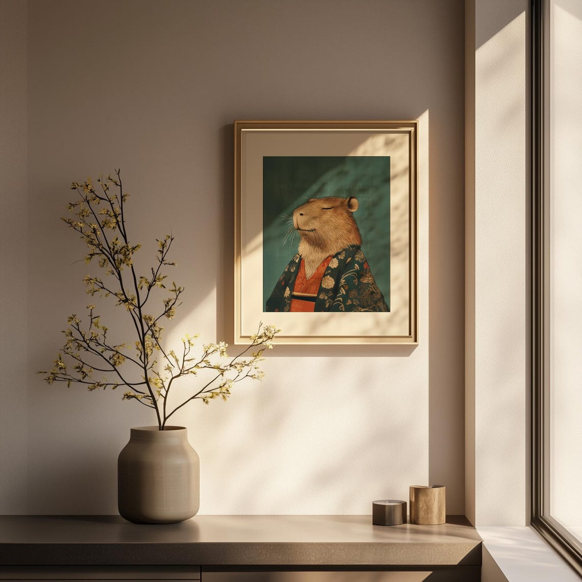 Capybara in Kimono Japanese Floral Teal Portrait Funny Art Poster - Image 3