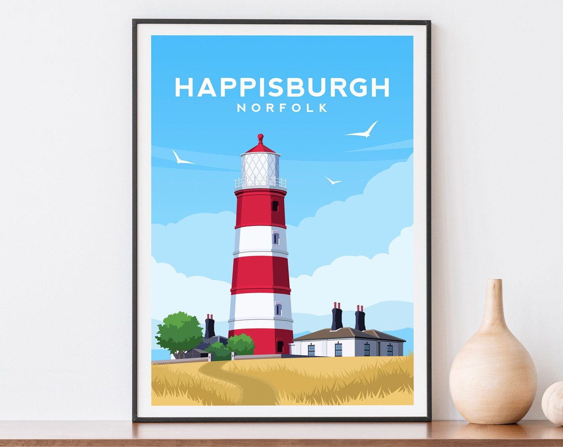 Happisburgh Norfolk Red and White Lighthouse Coastal Travel Poster