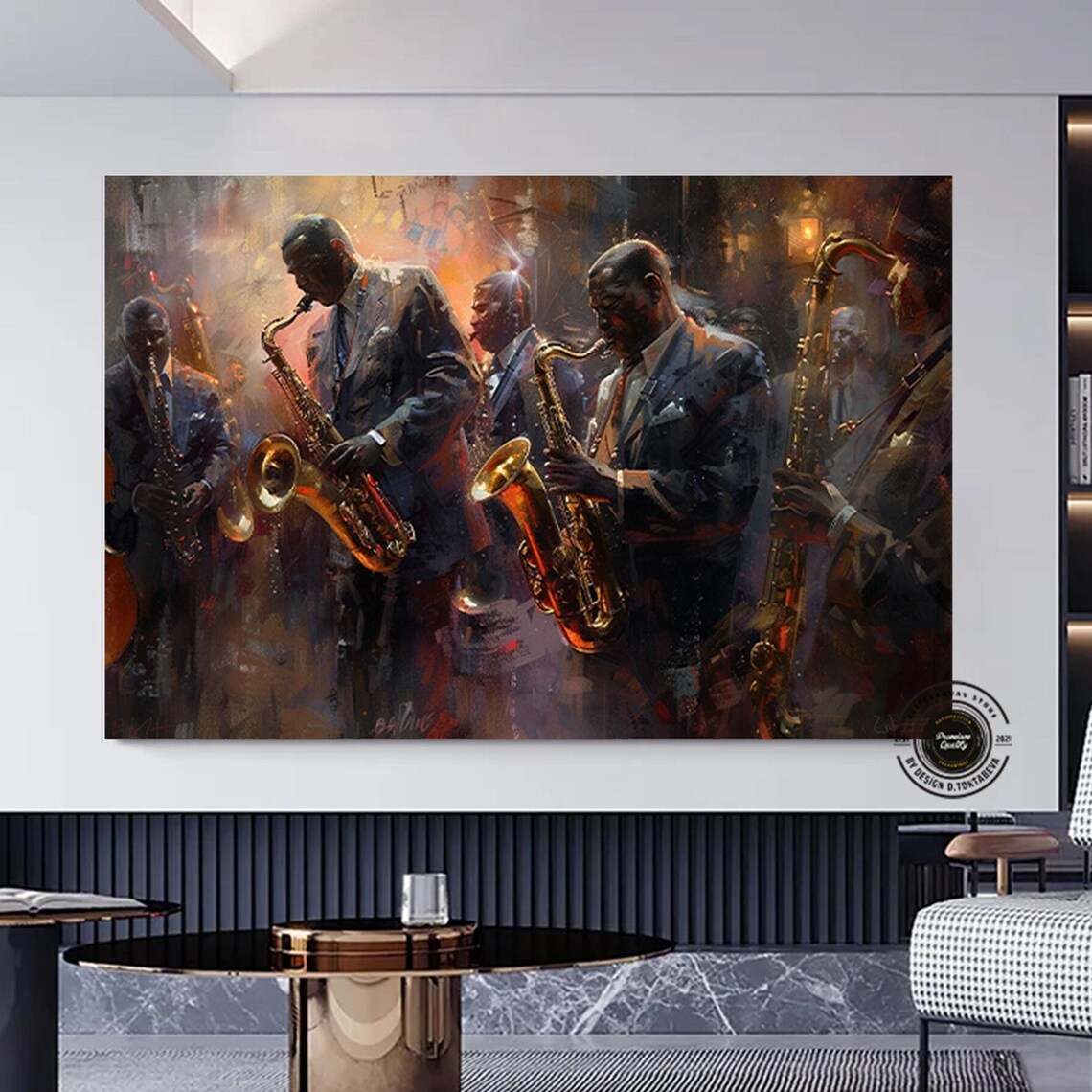 Jazz Saxophone Band Abstract Golden Oil Painting Style Poster