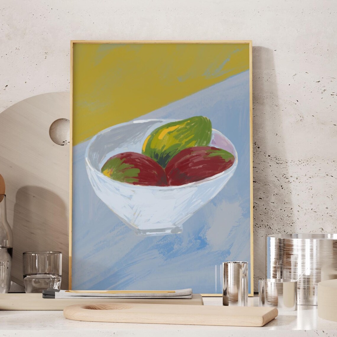 Mango Bowl Painting Yellow Blue Colorful Fruit Still Life Poster