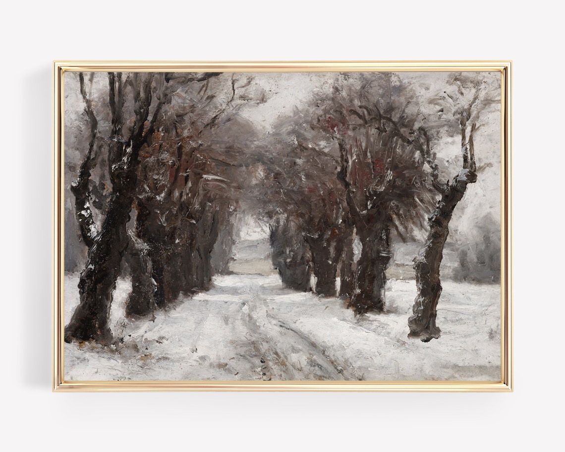 Snowy Winter Lane Bare Trees Impressionist Vintage Christmas Poster