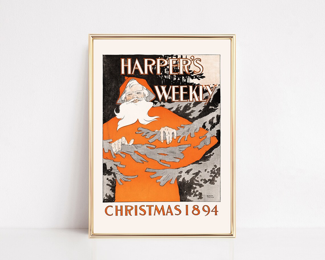 Harpers Weekly Christmas 1894 Vintage Santa Claus Pine Forest Art Poster