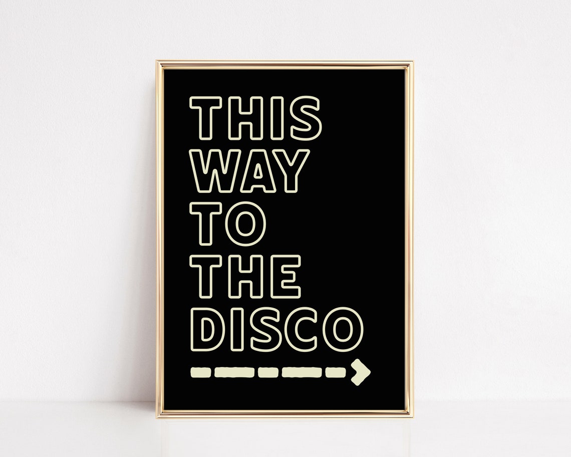 This Way To The Disco Retro Neon Typography Party Bar Decor Wall Art