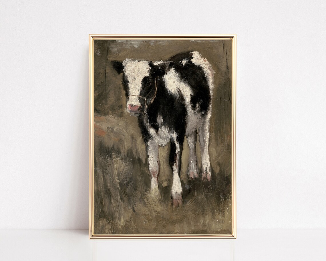 Vintage Black And White Calf Oil Painting Country Farmhouse Poster