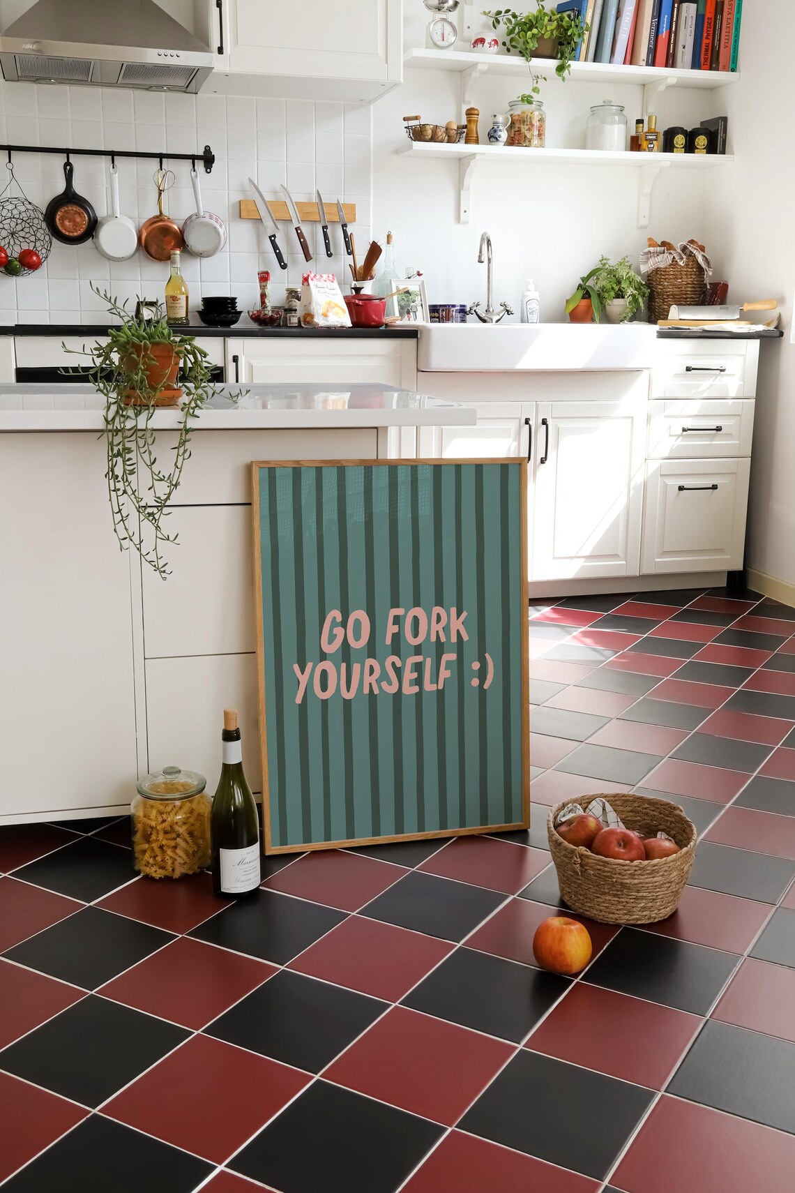 Go Fork Yourself Funny Kitchen Print Green Striped Cheeky Quote Wall Art - Image 2