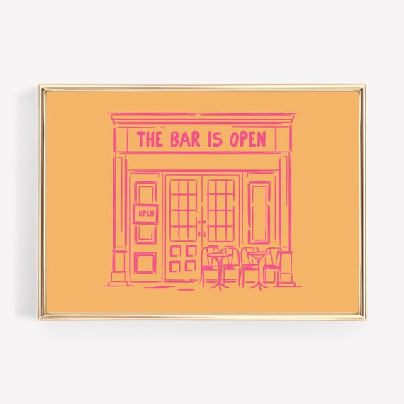 Bar Cart Print Orange And Pink Bar Cart Decor The Bar Is Open Horizontal Wall Art Bar Cart Art Art Print