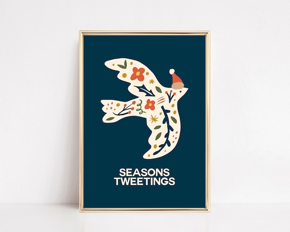 Seasons Tweetings Floral Bird Santa Hat Navy Funny Holiday Poster
