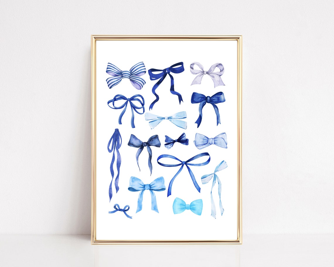Blue Watercolor Bows Balletcore Coquette Room Decor Wall Art