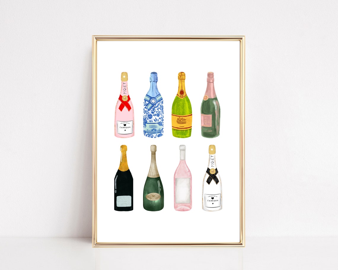 Champagne Bottles Colorful Bar Cart Celebration Illustration Wall Art