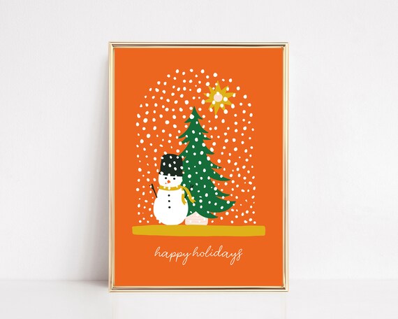 Happy Holidays Snowman Orange Retro Christmas Kids Art Poster