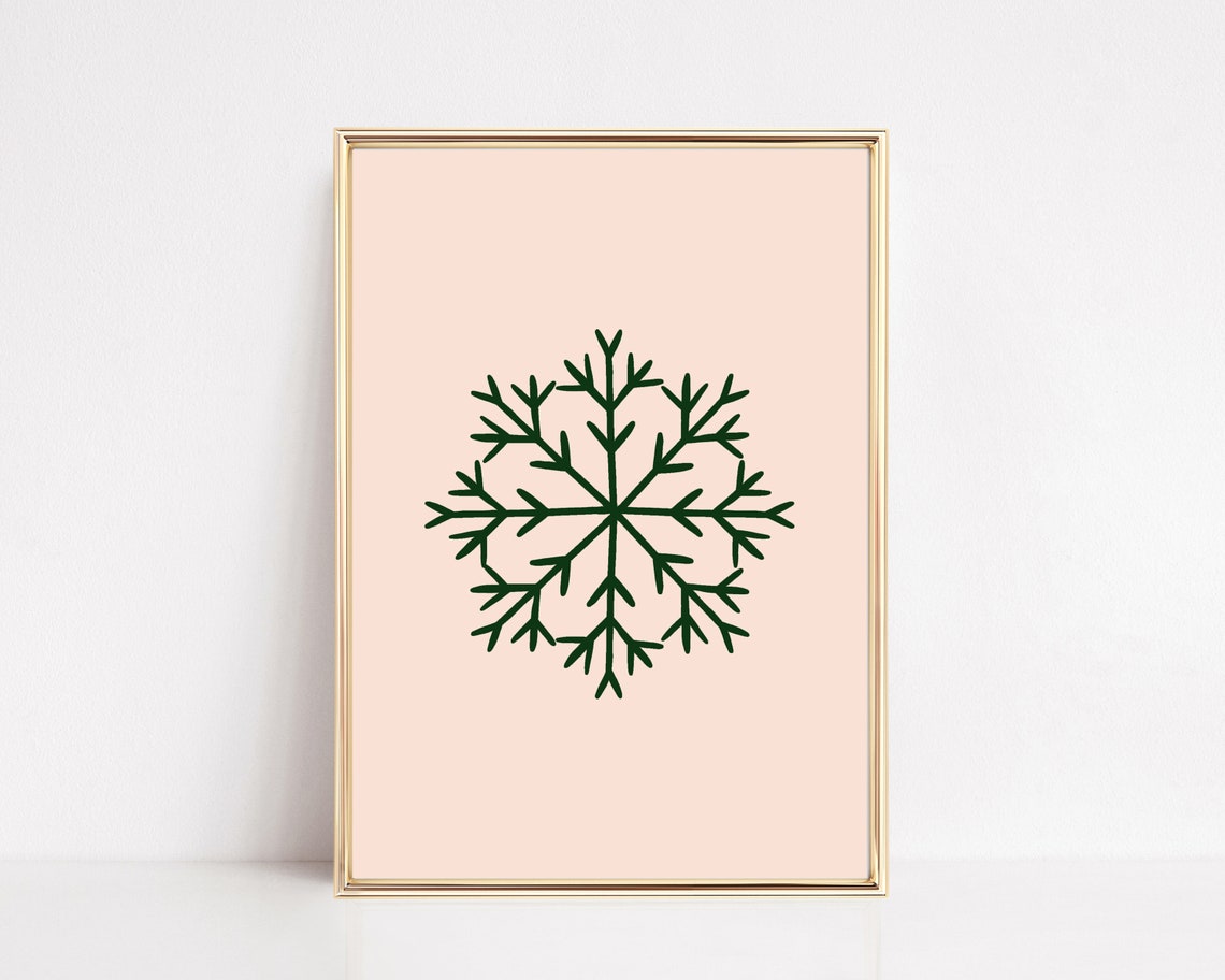 Green Snowflake Blush Pink Minimalist Christmas Winter Art Poster