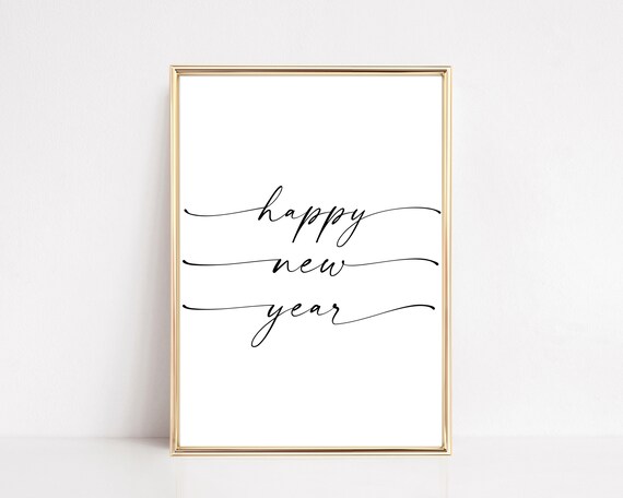Happy New Year Black Script Calligraphy On White Holiday Wall Art