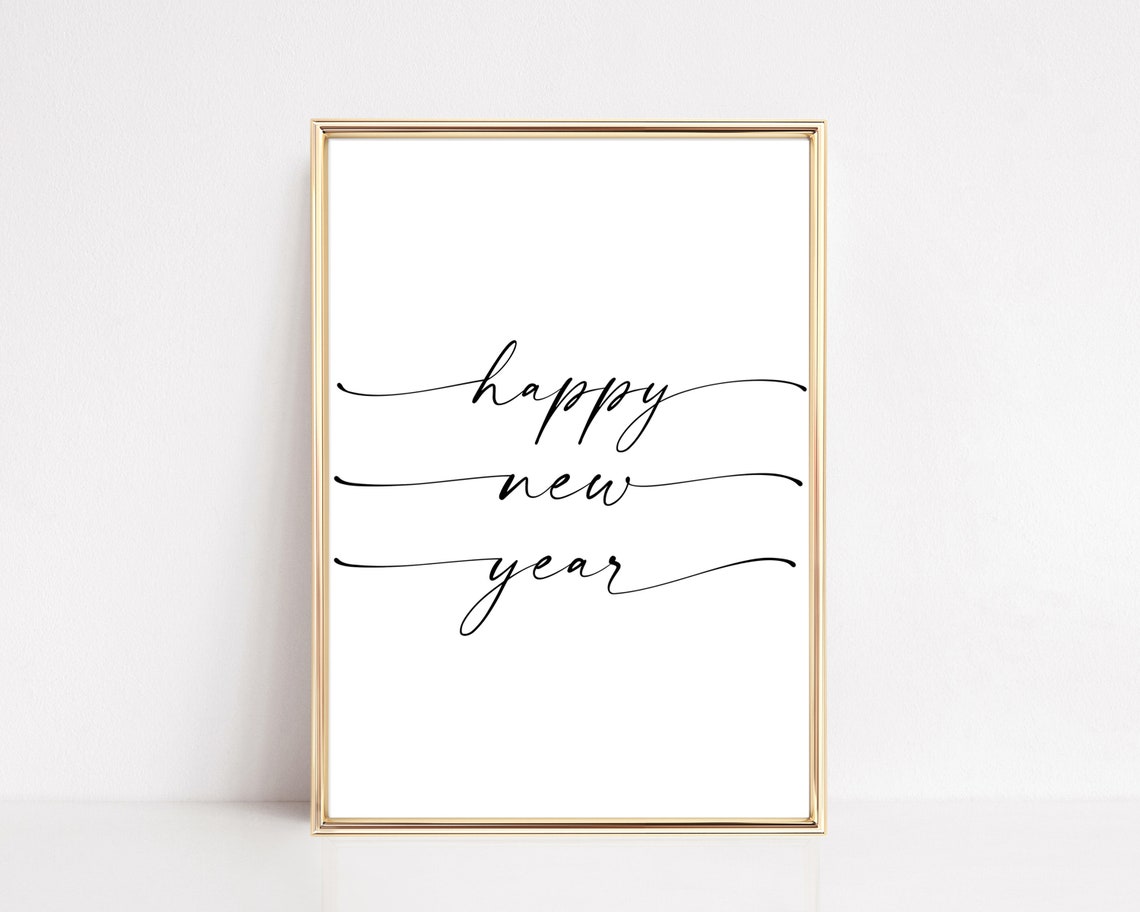 Happy New Year Black Script Calligraphy On White Holiday Wall Art