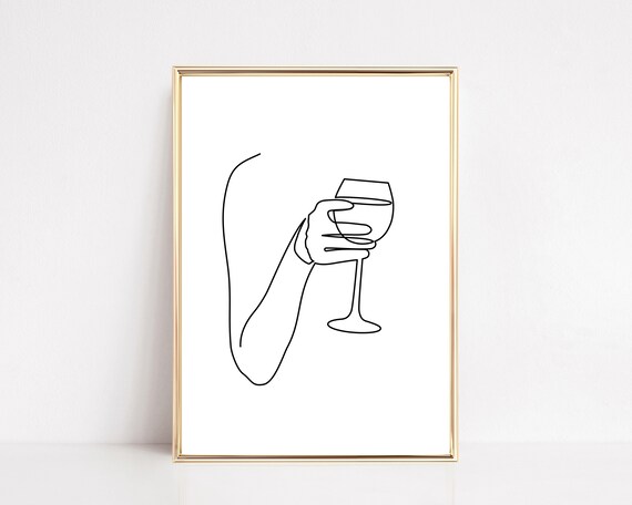 Minimalist Wine Glass One Line Drawing Elegant Bar Cart Wall Art
