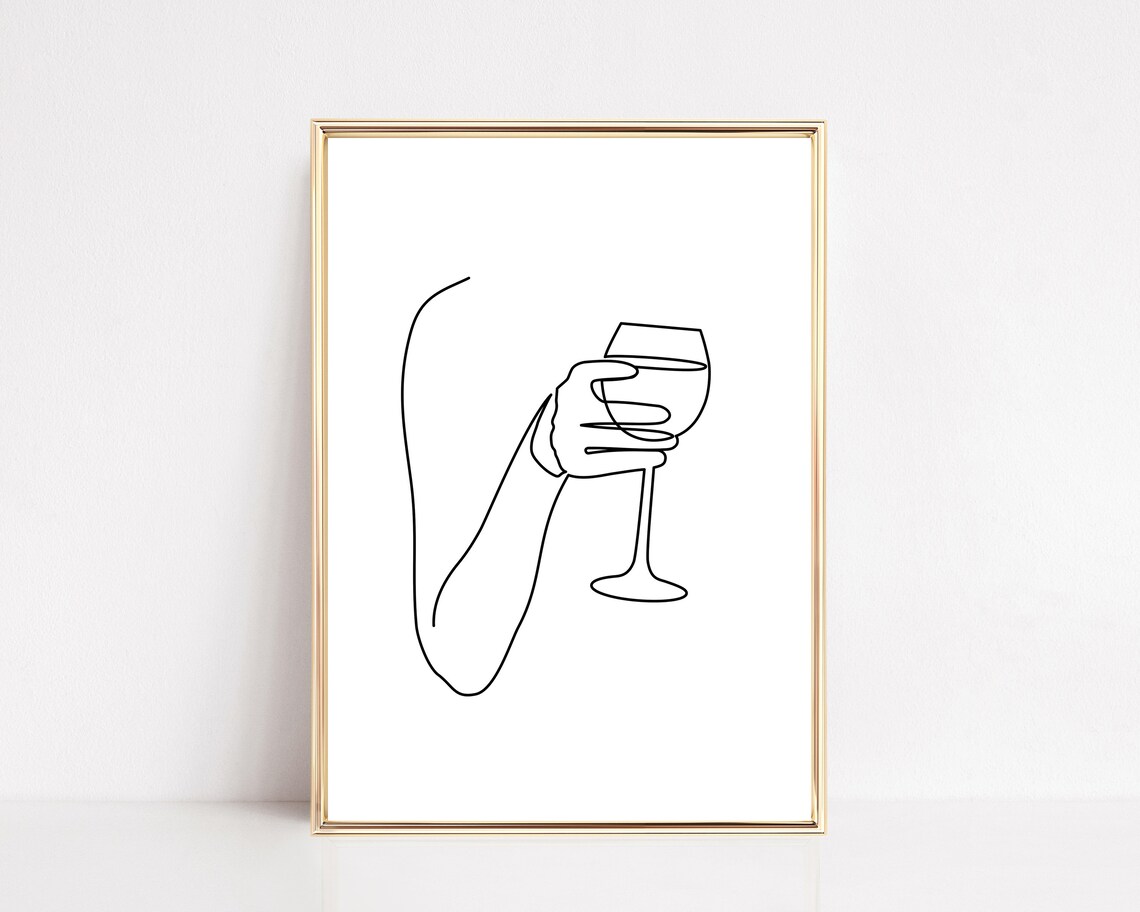 Minimalist Wine Glass One Line Drawing Elegant Bar Cart Wall Art