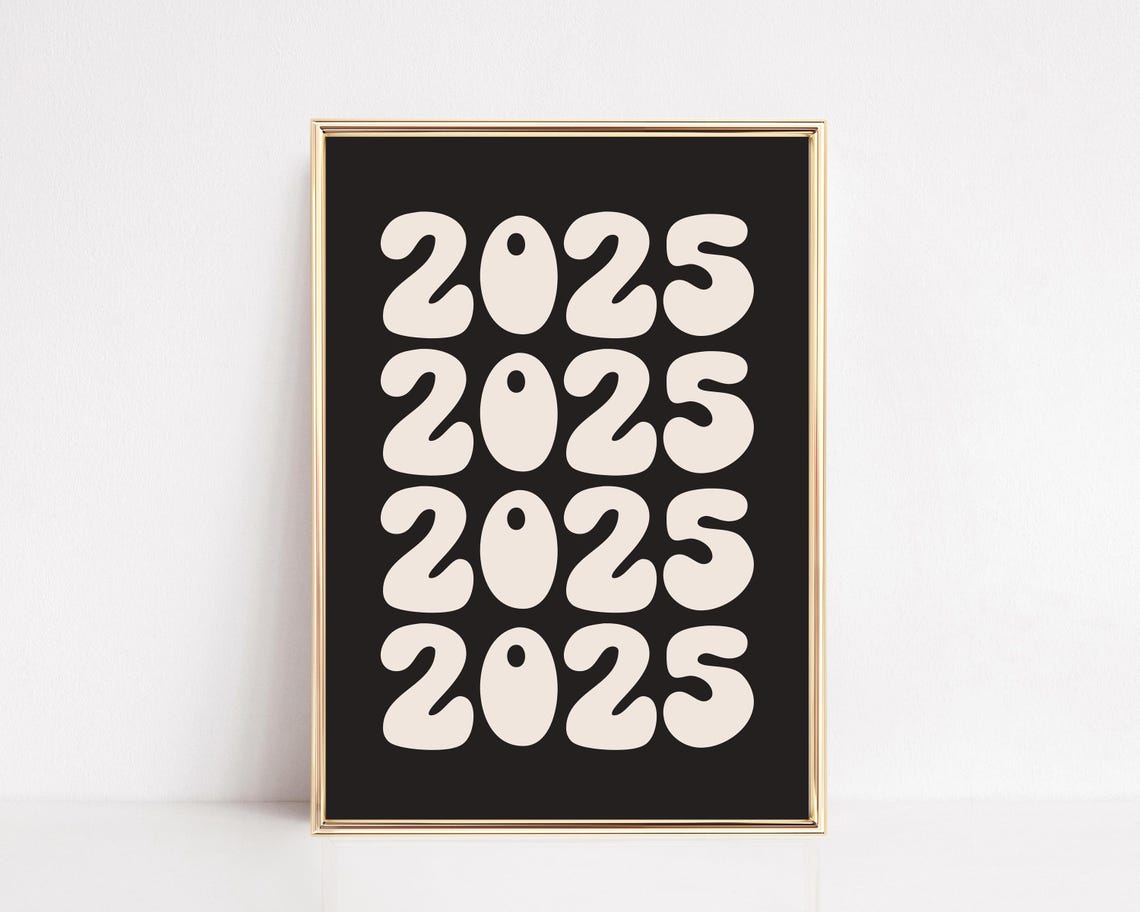 2025 Retro Cream Bubble Numbers Black Gold Party Decor Poster