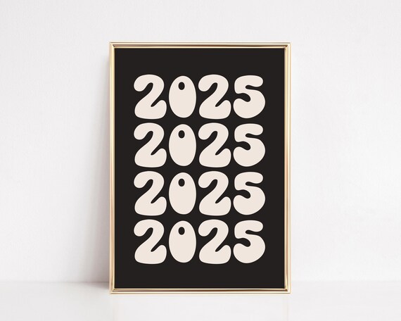 2025 Retro Cream Bubble Numbers Black Gold Party Decor Poster
