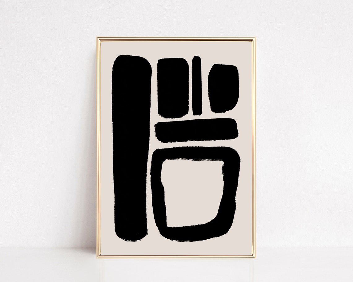 Abstract Black Brushstroke Shapes on Beige Minimalist Wall Art