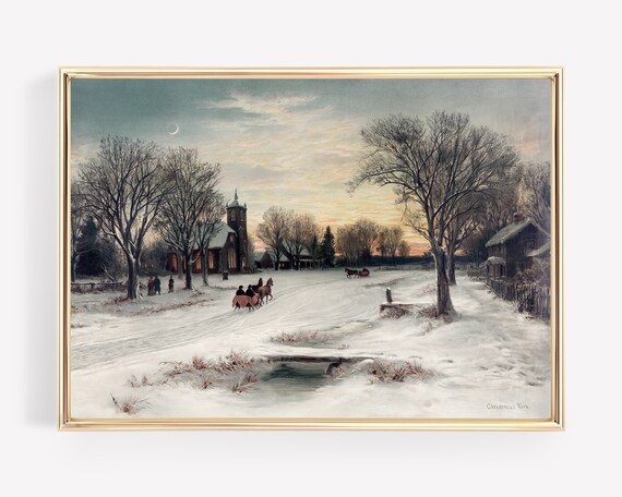 Christmas Eve Vintage Snowy Village Horse Sleigh Scene Art Poster