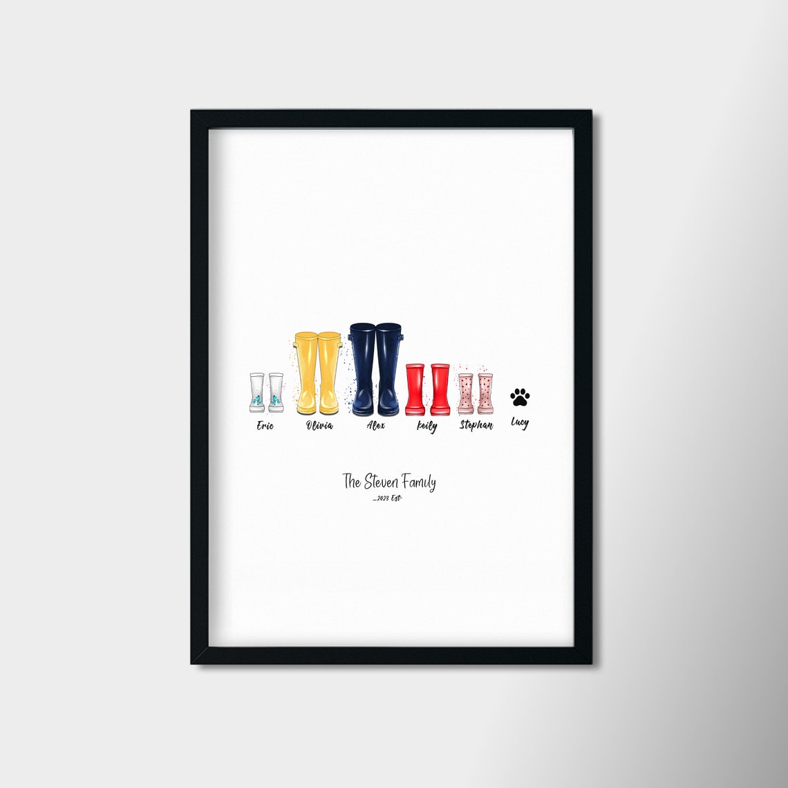 Classic Personalized Family Rain Boots Names Poster Black Frame