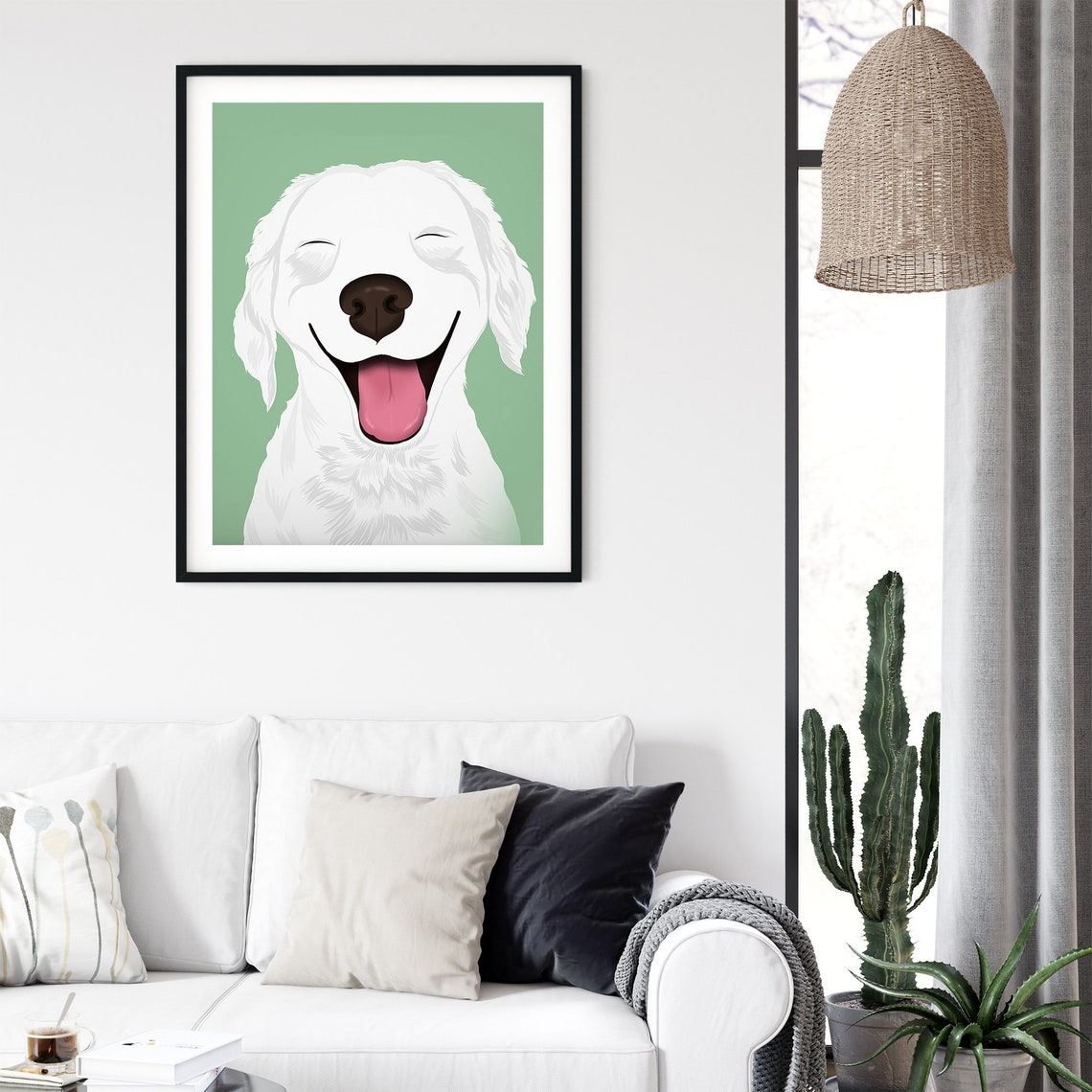 Happy Pomeranian Puppy in Red Bone Pattern Dog Bed Portrait Poster - Image 3