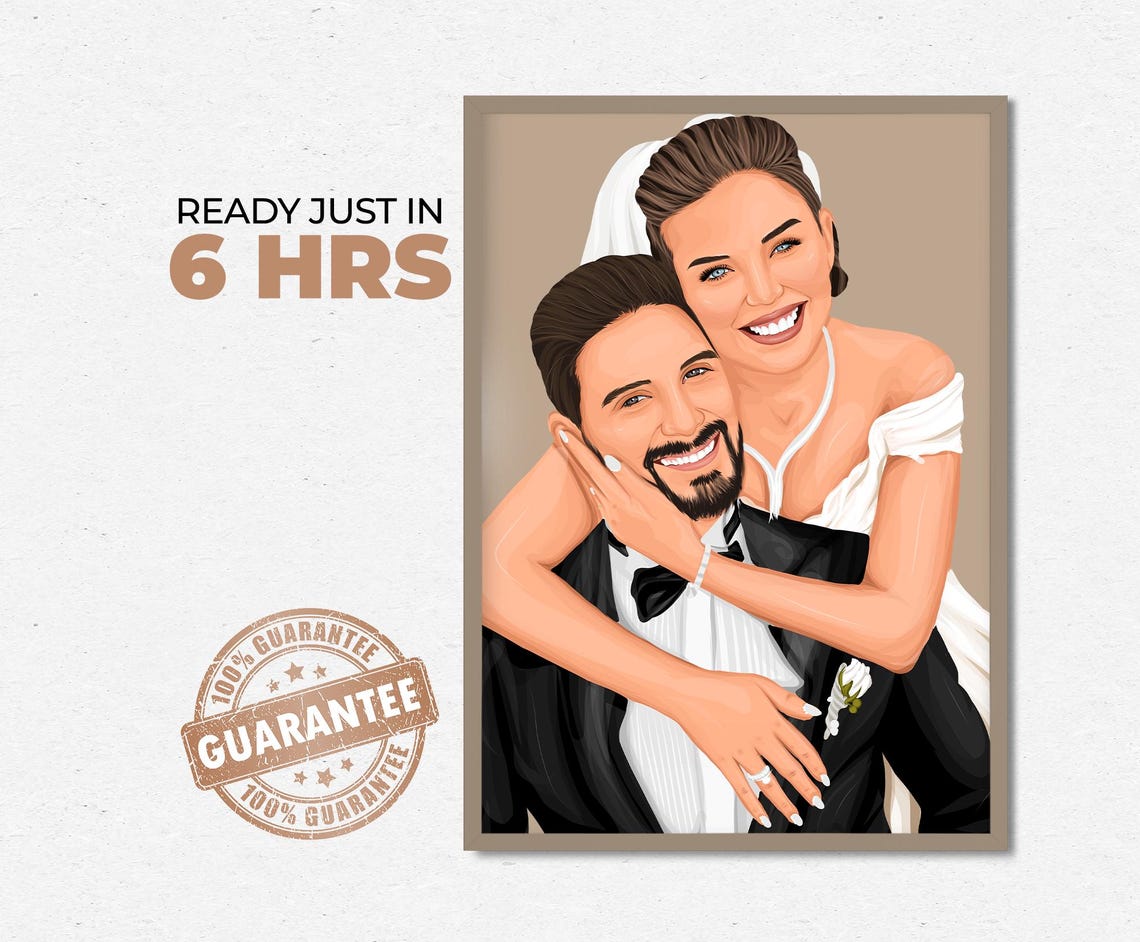 Custom Wedding Couple Portrait Illustration From Photo Poster
