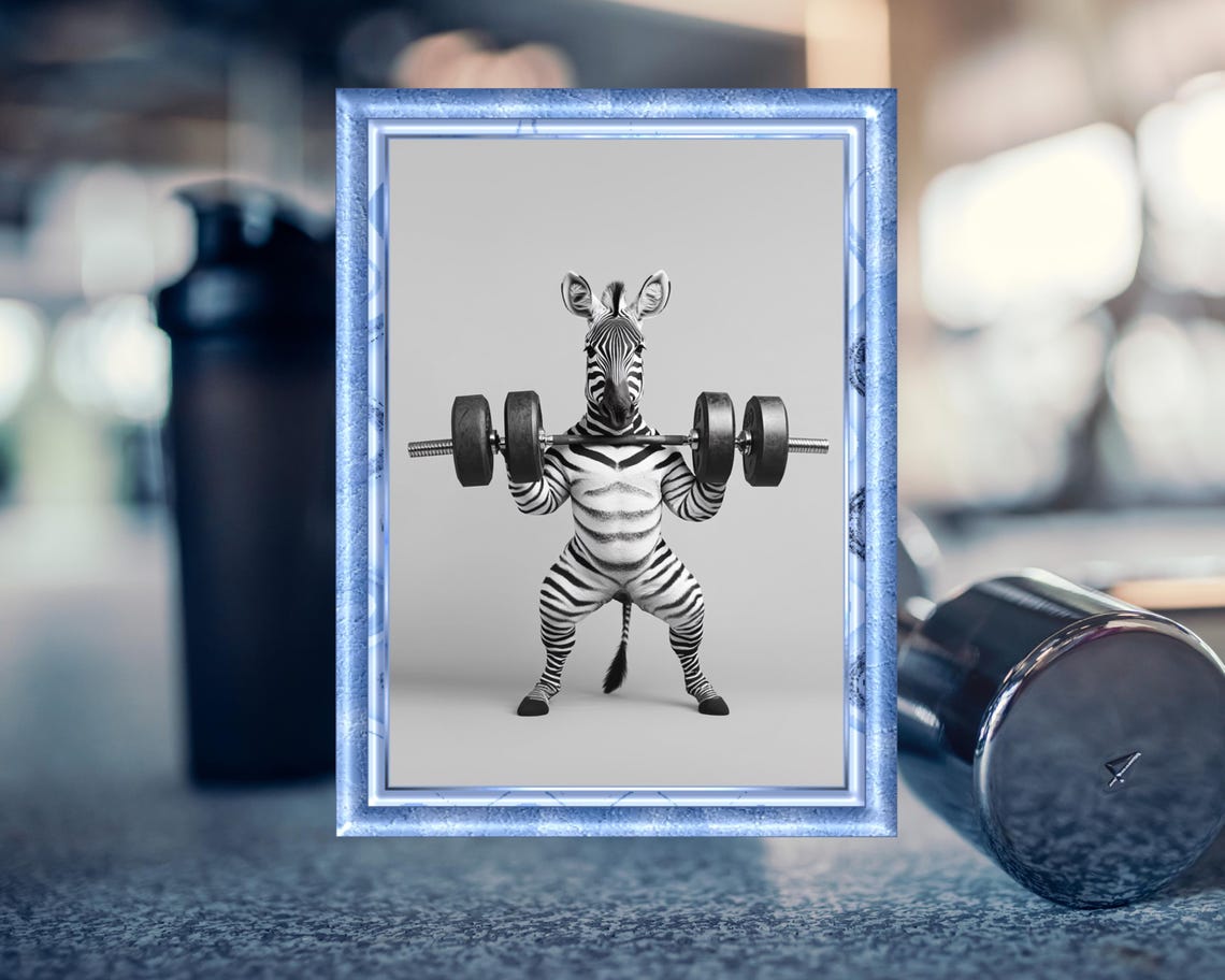 Zebra Lifting a Barbell Funny Gym Workout Black and White Poster