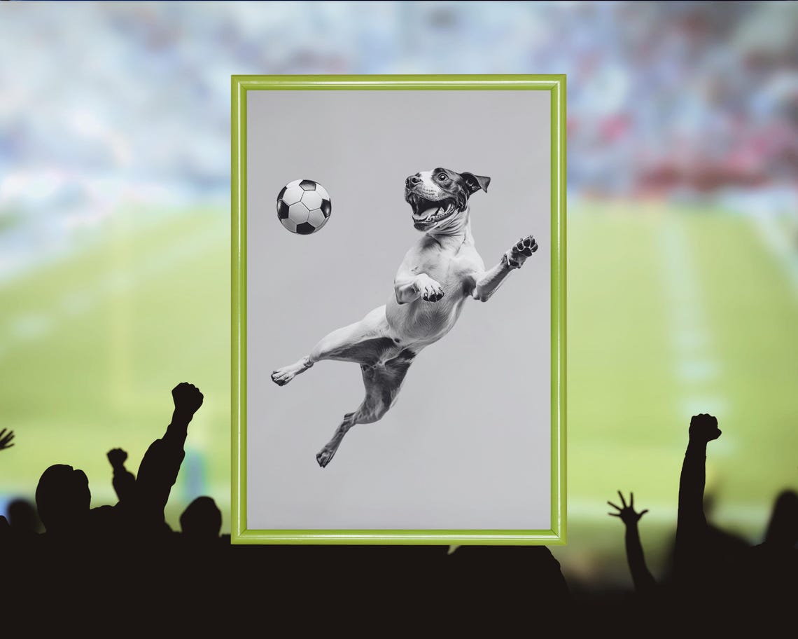 Playful Dog Jumping to Head a Soccer Ball Funny Sports Poster